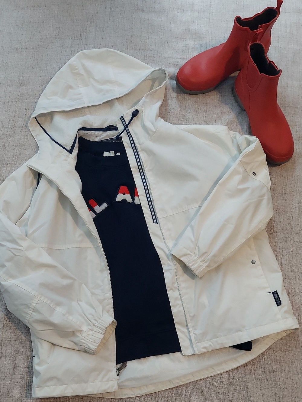 White Hooded Windbreaker Jacket with Navy Trim Coastal Beach Sz. S